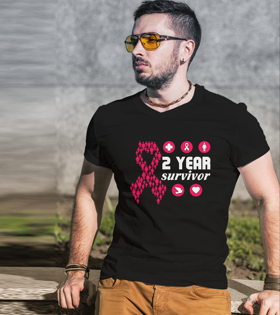 2 Year Survivor Pink Ribbon Breast Cancer Awareness Icons T-Shirt