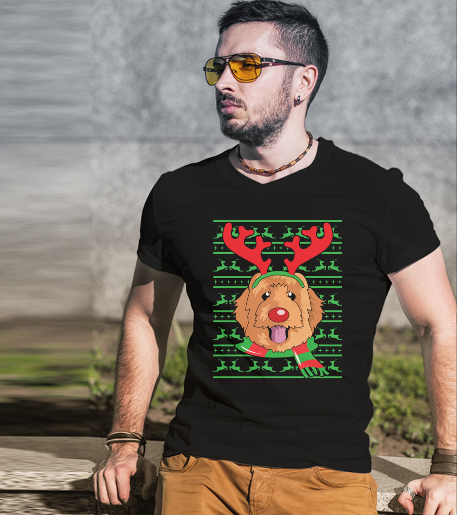 Golden Doodle Reindeer Christmas Scarf And Antlers T-Shirt