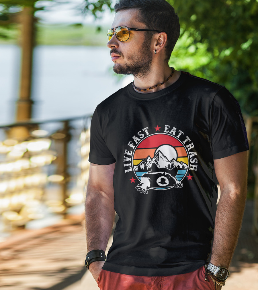 Live Fast Eat Trash Funny Raccoon Mountains Camping Retro Sunset T-Shirt