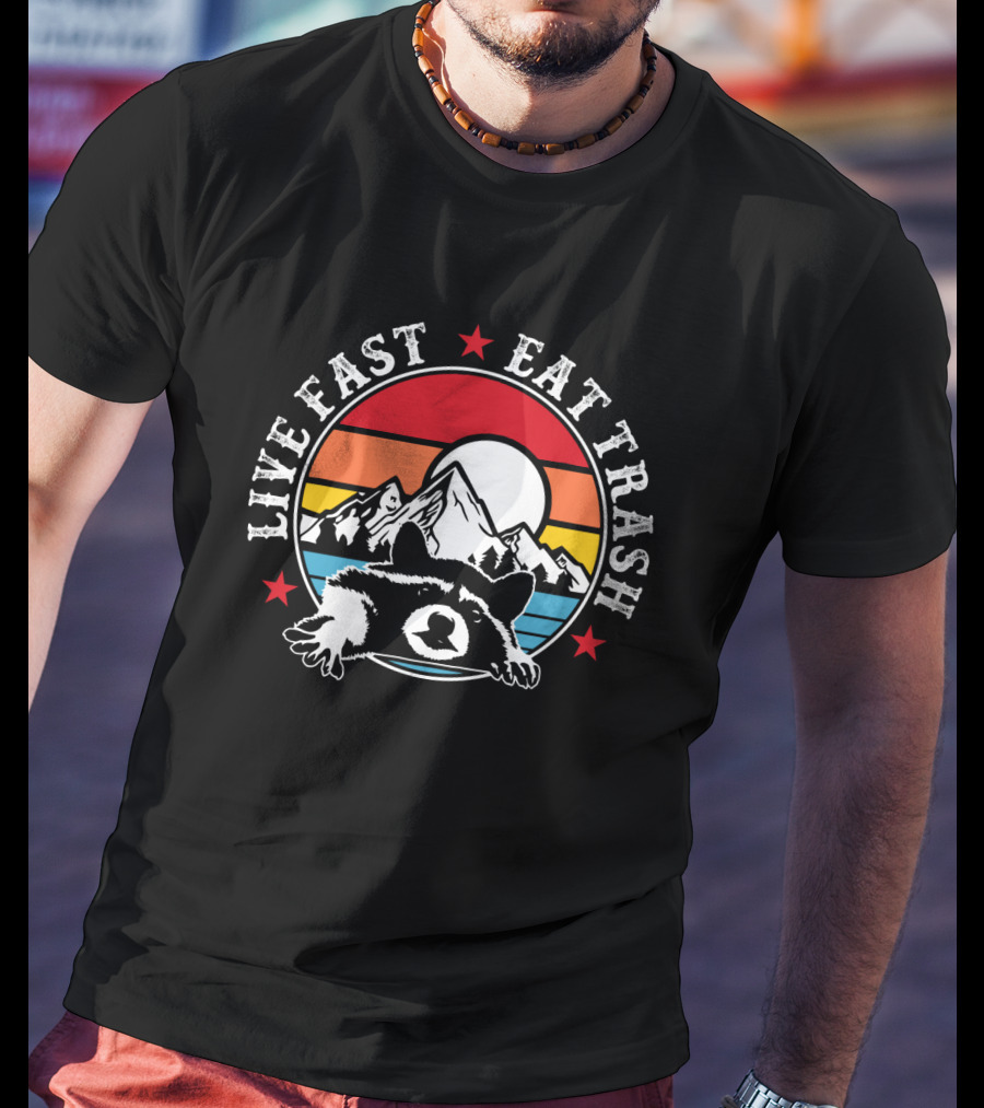 Live Fast Eat Trash Funny Raccoon Mountains Camping Retro Sunset T-Shirt