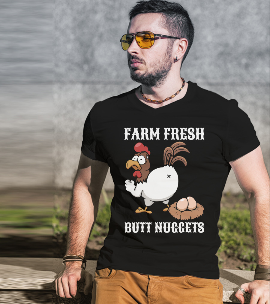 Farm Fresh Butt Nuggets Chicken Farming Cartoon Chicken Eggs T-Shirt