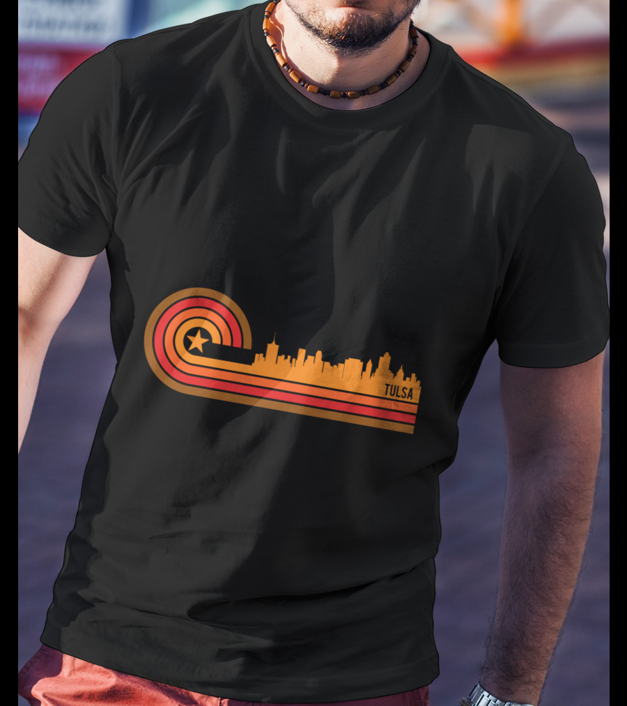 Retro Tulsa OK Skyline With Star And Sunset Stripes T-Shirt