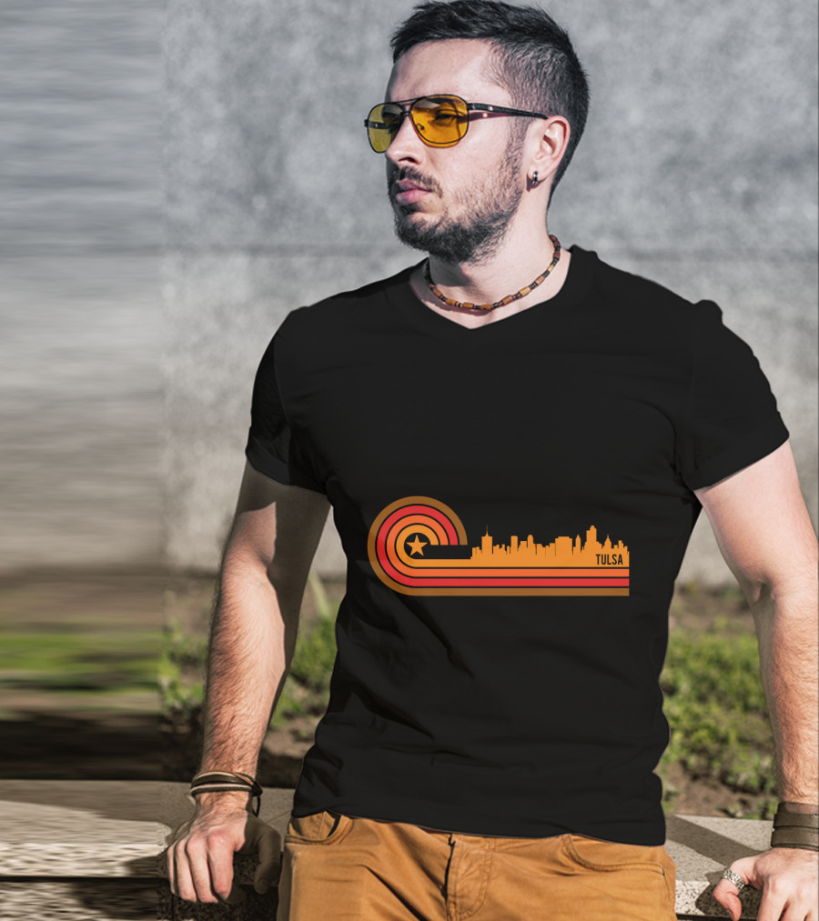 Retro Tulsa OK Skyline With Star And Sunset Stripes T-Shirt