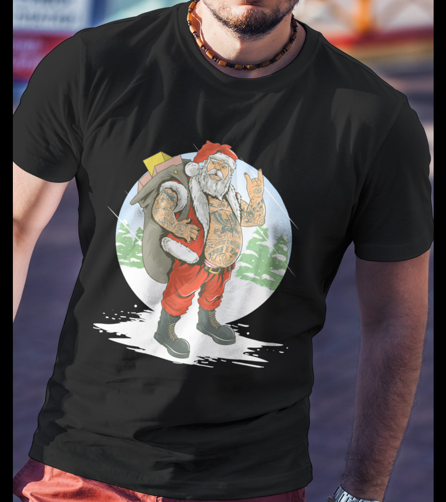 Christmas Santa Claus With Full Body Tattoo And Rock Hand Gesture T-Shirt