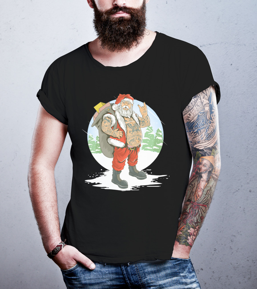 Christmas Santa Claus With Full Body Tattoo And Rock Hand Gesture T-Shirt