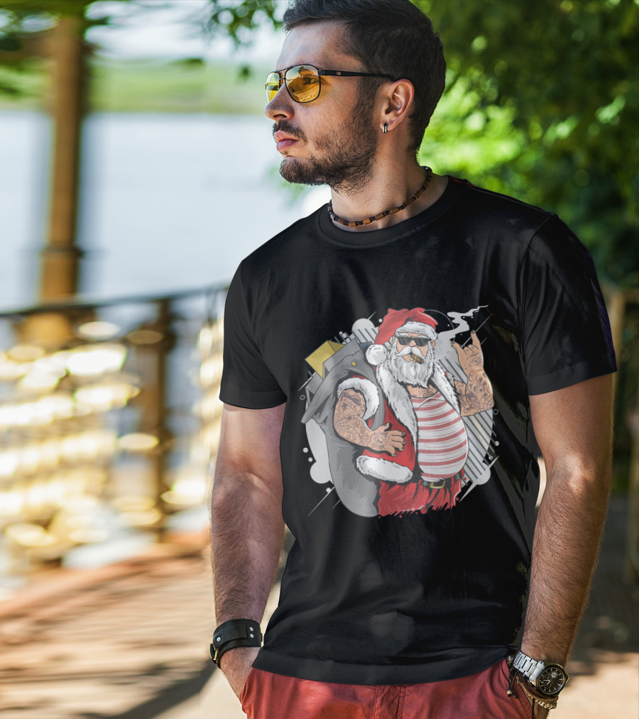 Santa Claus Merry Christmas Tattoo Rock Hand Illustrated T-Shirt