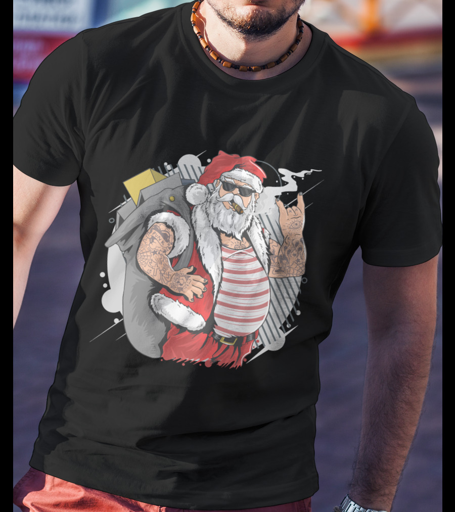 Santa Claus Merry Christmas Tattoo Rock Hand Illustrated T-Shirt