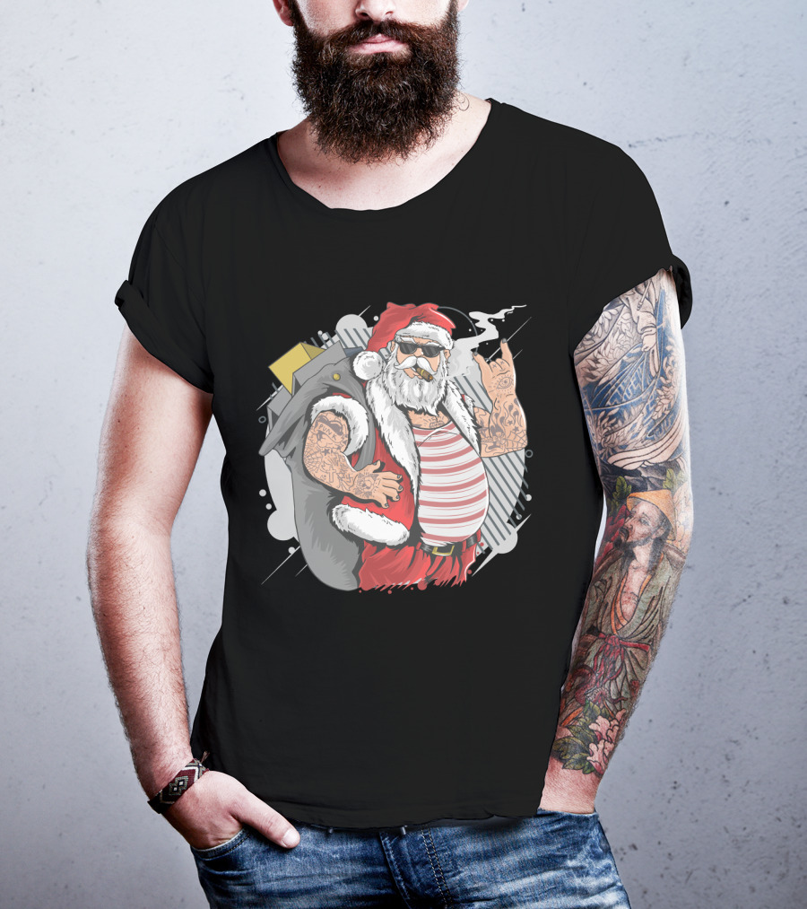 Santa Claus Merry Christmas Tattoo Rock Hand Illustrated T-Shirt