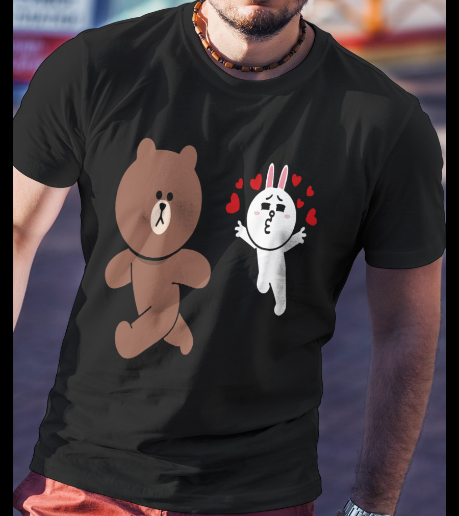 Cute Brown Bear Cony Bunny Rabbit Love Hearts Chase Valentine's Day Run T-Shirt
