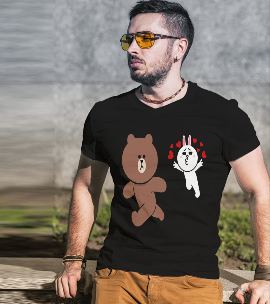 Cute Brown Bear Cony Bunny Rabbit Love Hearts Chase Valentine's Day Run T-Shirt