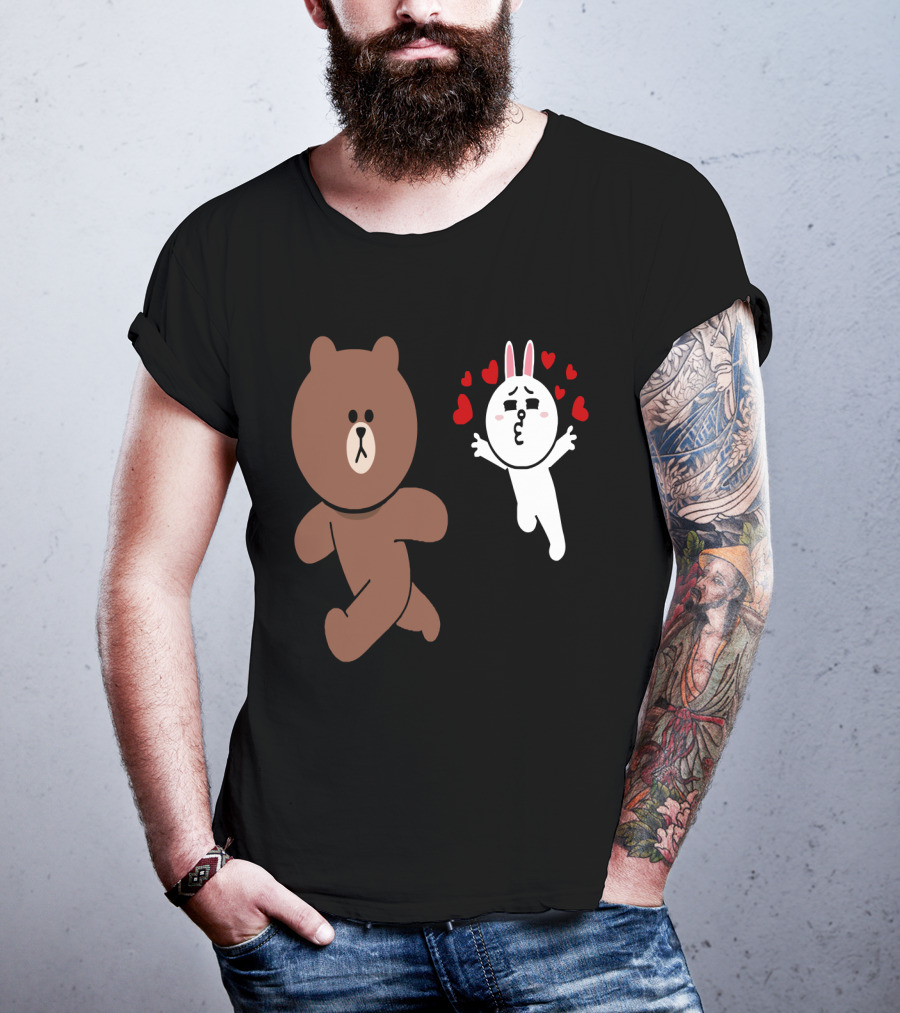 Cute Brown Bear Cony Bunny Rabbit Love Hearts Chase Valentine's Day Run T-Shirt