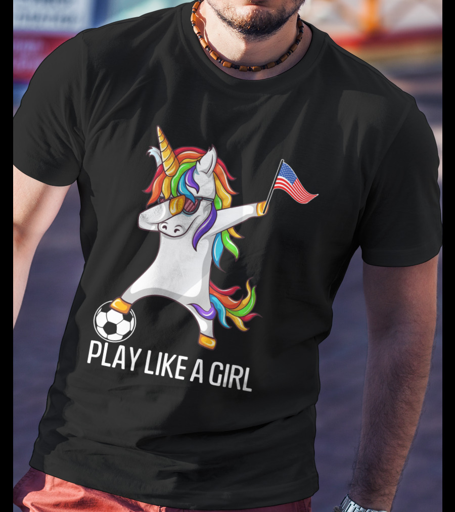 Dabbing Unicorn Play Like A Girl USA Soccer T-Shirt