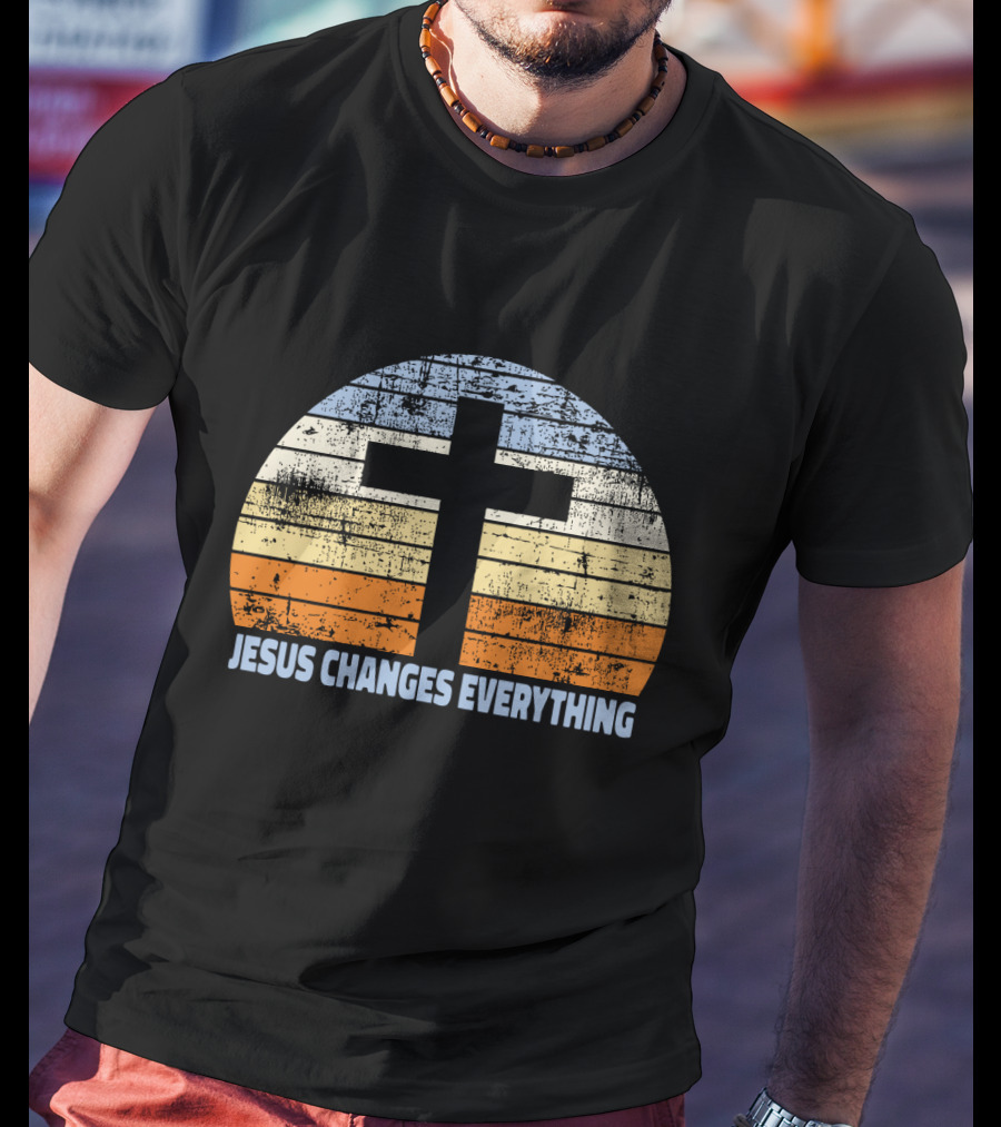 Faith Cross Jesus Changes Everything Vintage Christian Retro Sunset T-Shirt