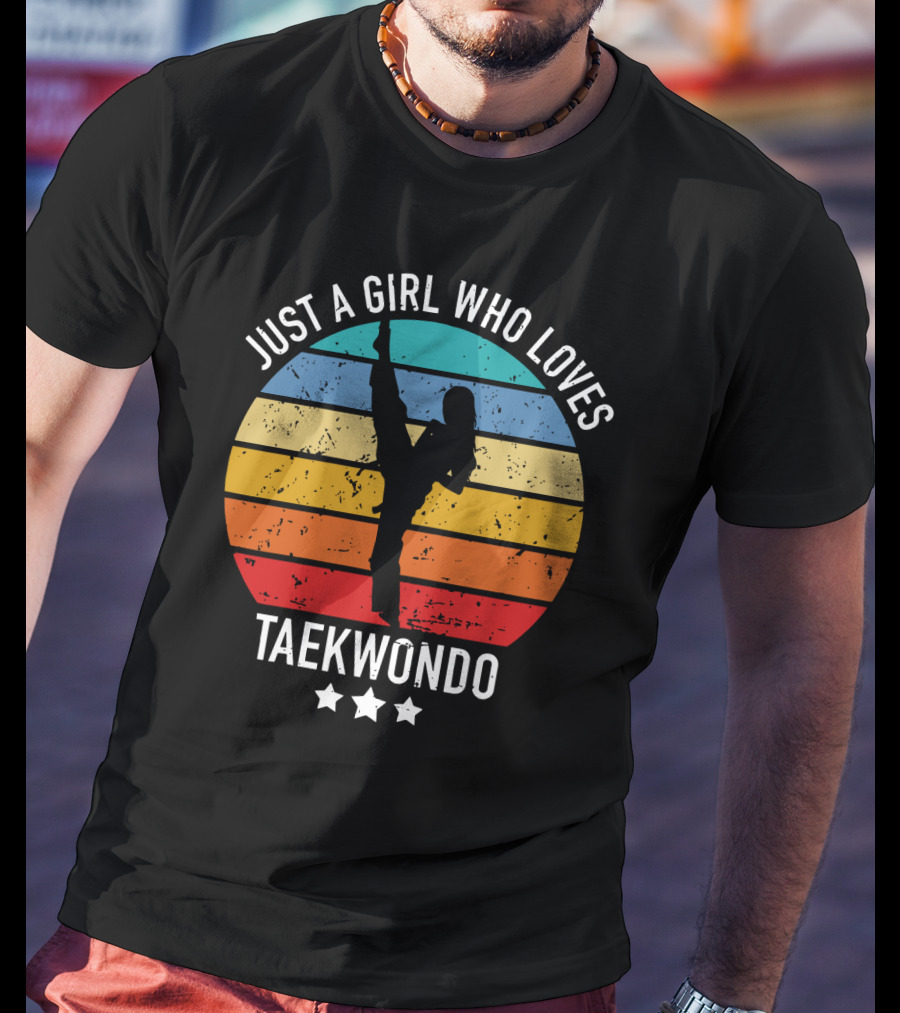 Just A Girl Who Loves Taekwondo Vintage Silhouette Rainbow Stripes T-Shirt