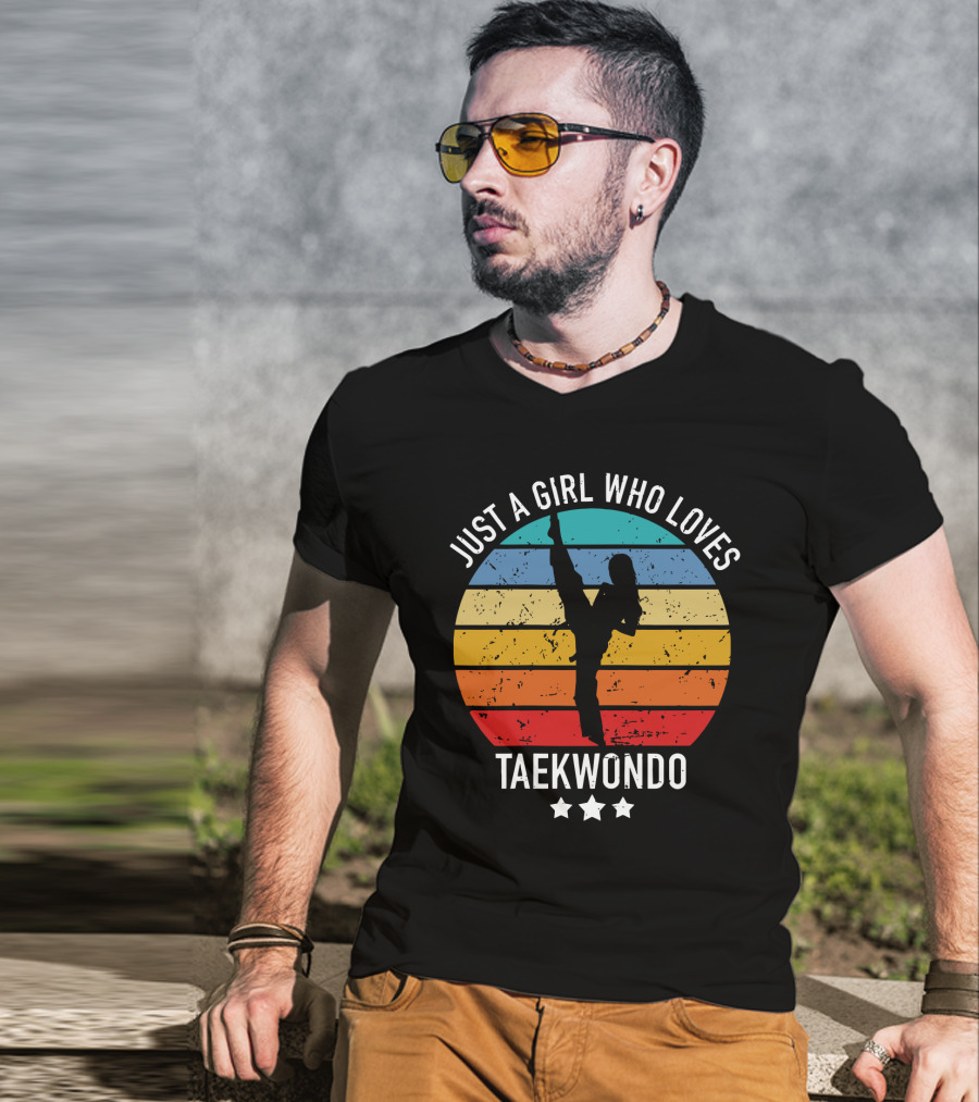Just A Girl Who Loves Taekwondo Vintage Silhouette Rainbow Stripes T-Shirt