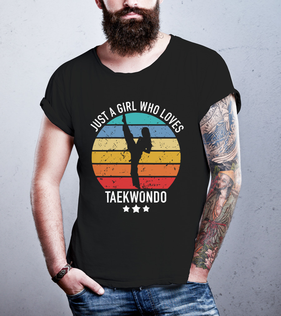 Just A Girl Who Loves Taekwondo Vintage Silhouette Rainbow Stripes T-Shirt