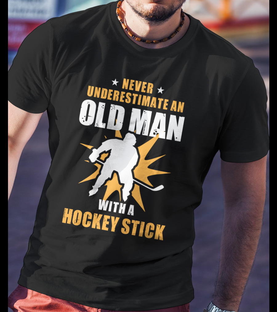 Never Underestimate An Old Man With A Hockey Stick Silhouette Starburst T-Shirt
