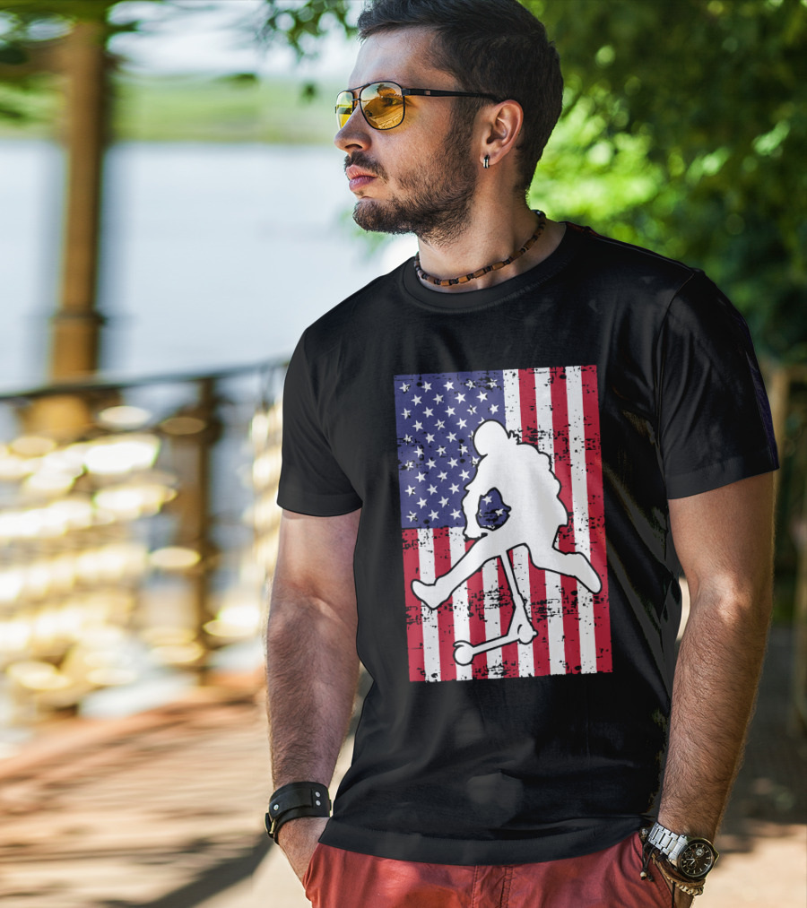 Stunt Scooter Trick With American Flag Background Competition T-Shirt