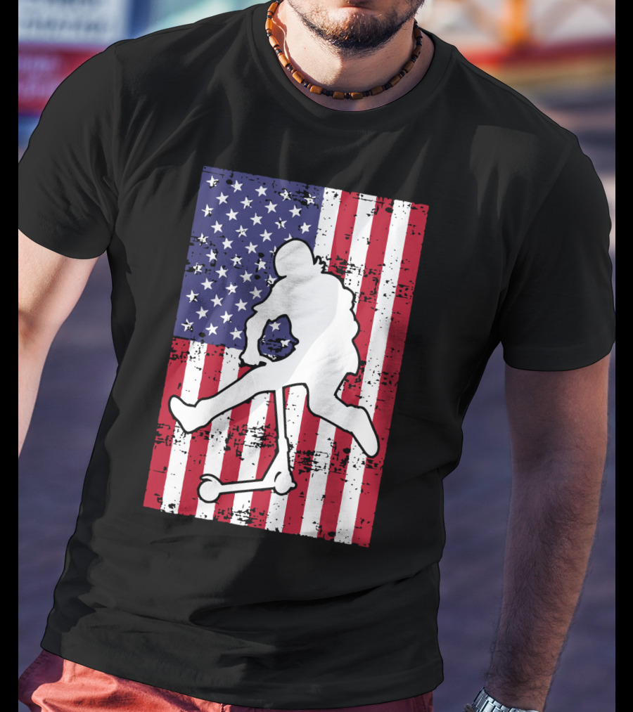 Stunt Scooter Trick With American Flag Background Competition T-Shirt
