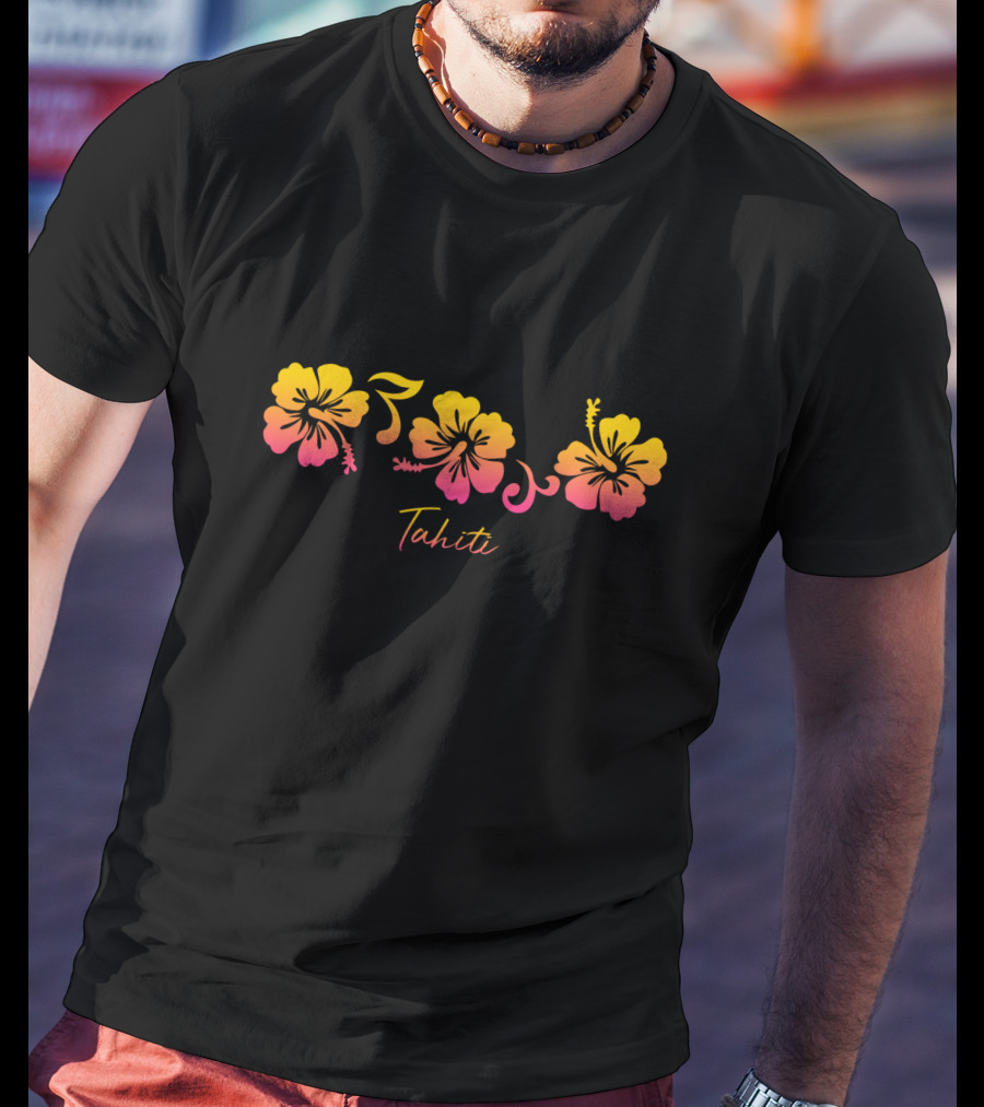 Tahiti French Polynesia Hibiscus Flower Pattern Colorful T-Shirt