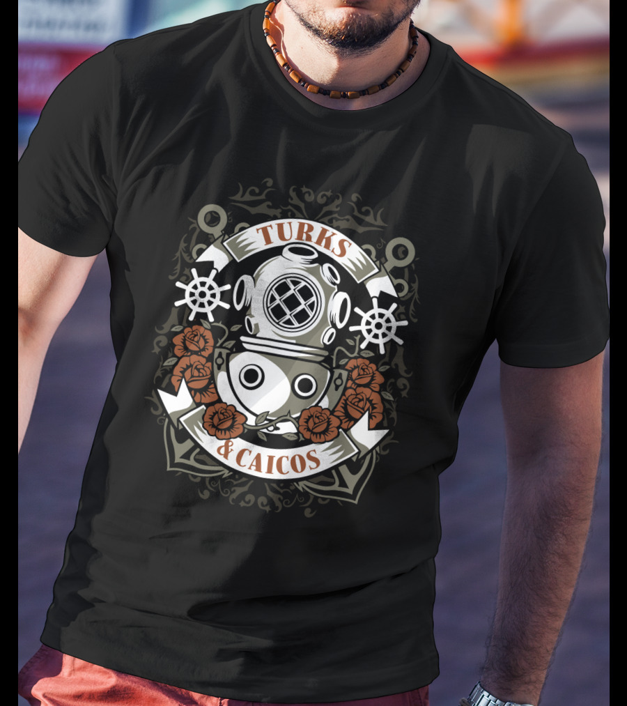 Turks And Caicos Vintage Dive Helmet Roses And Anchors T-Shirt