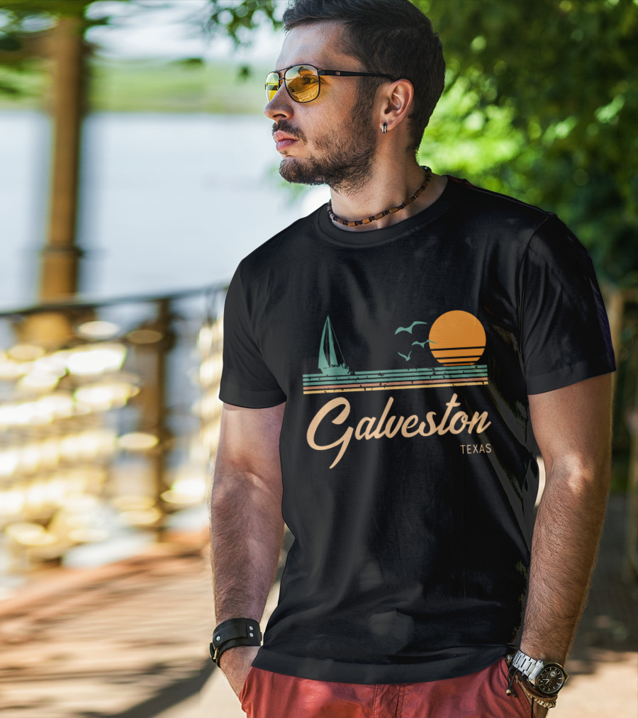 Vintage Galveston Texas Sailboat And Sunset Scene T-Shirt