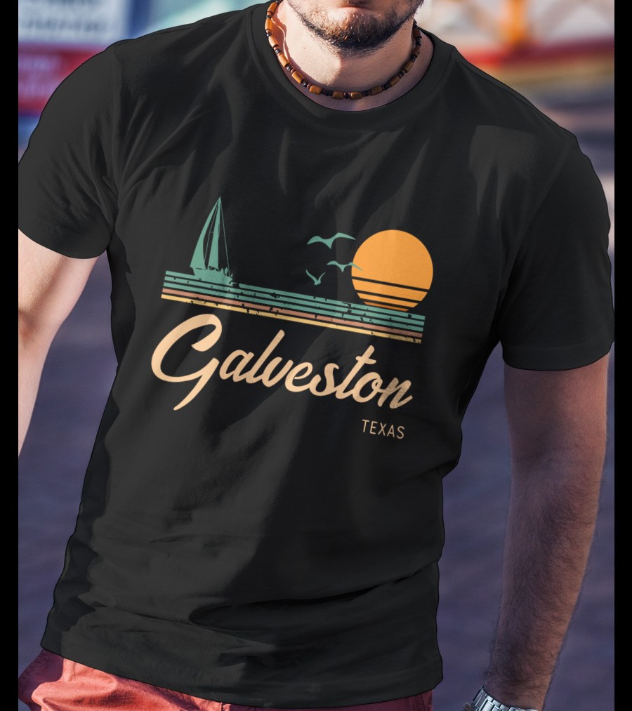 Vintage Galveston Texas Sailboat And Sunset Scene T-Shirt
