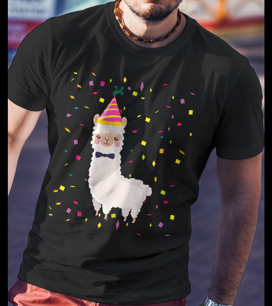 Funny Alpaca Birthday Party Celebration With Confetti T-Shirt