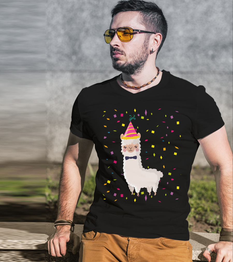 Funny Alpaca Birthday Party Celebration With Confetti T-Shirt