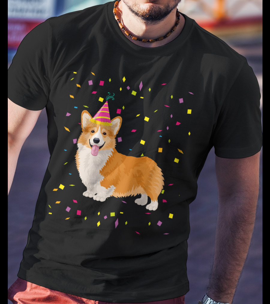 Welsh Corgi Birthday Party With Confetti And Party Hat T-Shirt