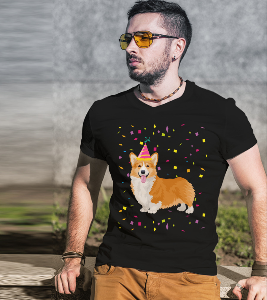 Welsh Corgi Birthday Party With Confetti And Party Hat T-Shirt