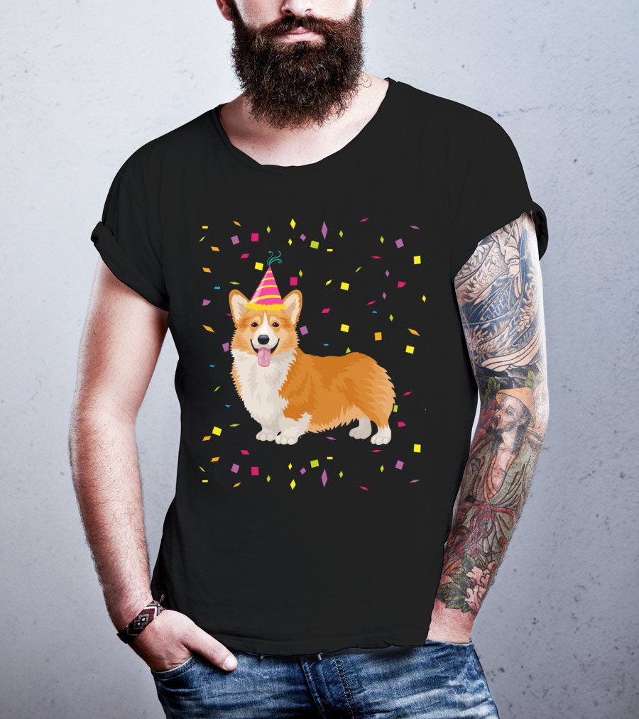 Welsh Corgi Birthday Party With Confetti And Party Hat T-Shirt