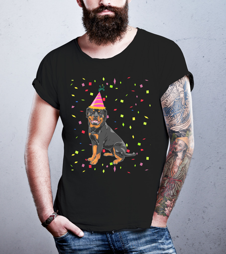 Funny Rottweiler Birthday Party Hat And Confetti T-Shirt