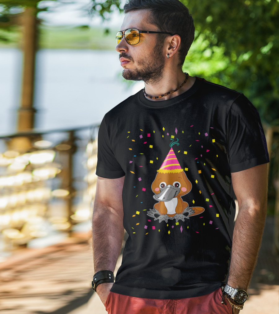 Funny Platypus With Party Hat And Confetti Celebration Birthday T-Shirt