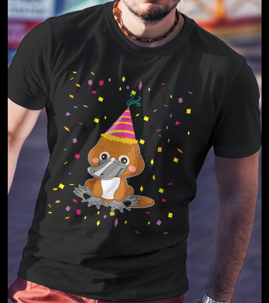 Funny Platypus With Party Hat And Confetti Celebration Birthday T-Shirt