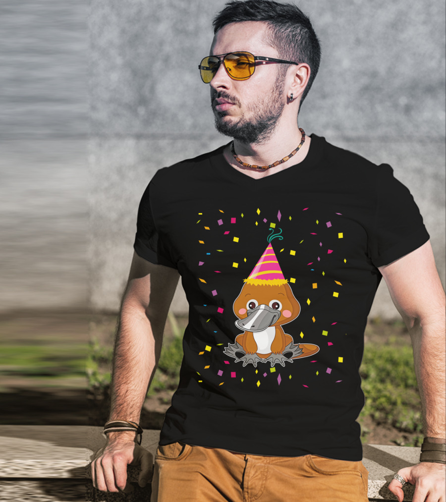 Funny Platypus With Party Hat And Confetti Celebration Birthday T-Shirt