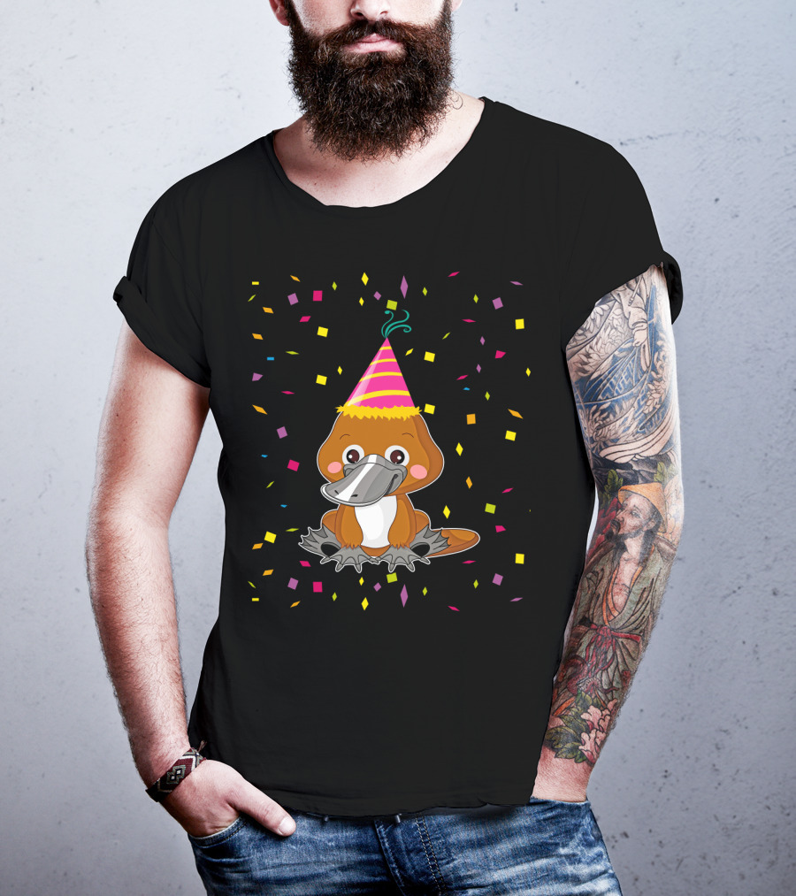 Funny Platypus With Party Hat And Confetti Celebration Birthday T-Shirt