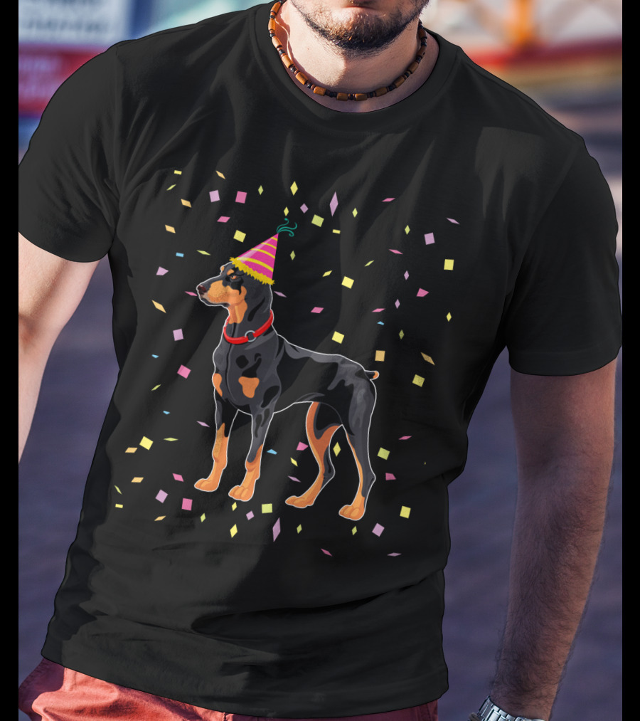Doberman With Party Hat And Confetti T-Shirt