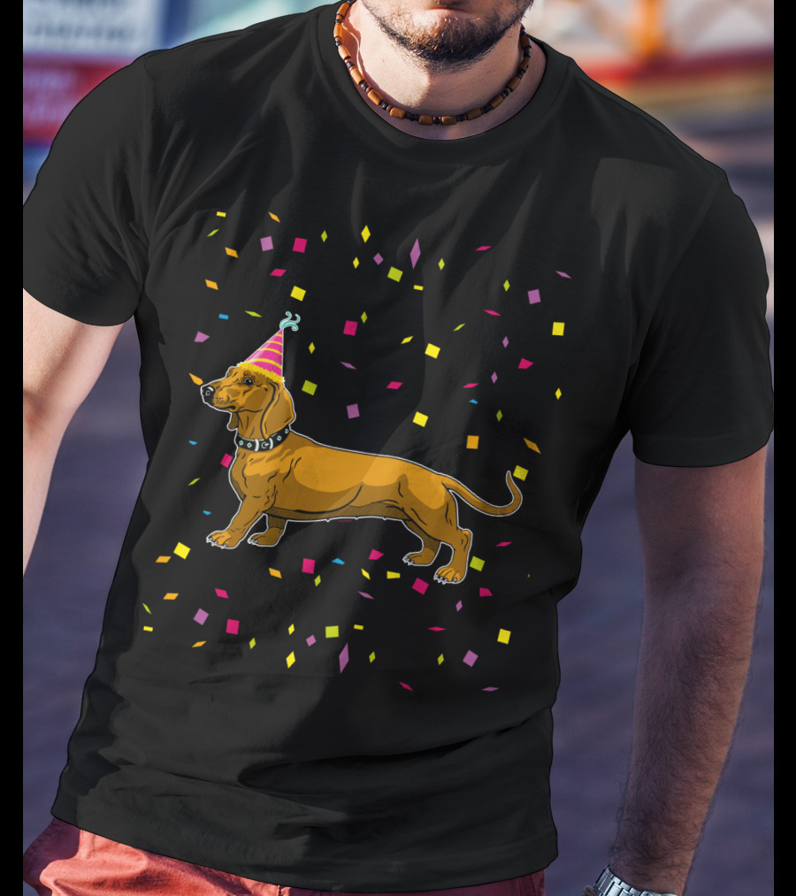Funny Dachshund Birthday Party With Confetti And Party Hat T-Shirt