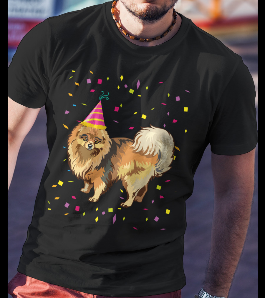 Pomeranian Birthday Party Funny Dog With Confetti And Party Hat T-Shirt