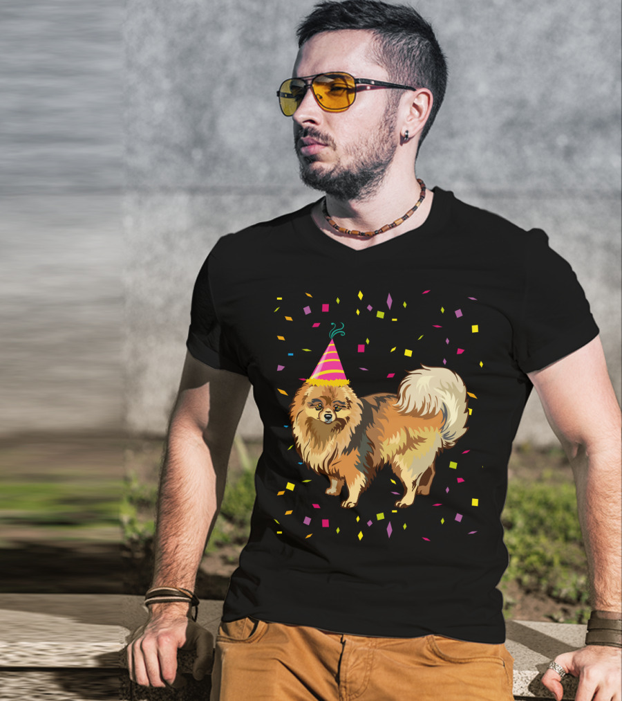 Pomeranian Birthday Party Funny Dog With Confetti And Party Hat T-Shirt