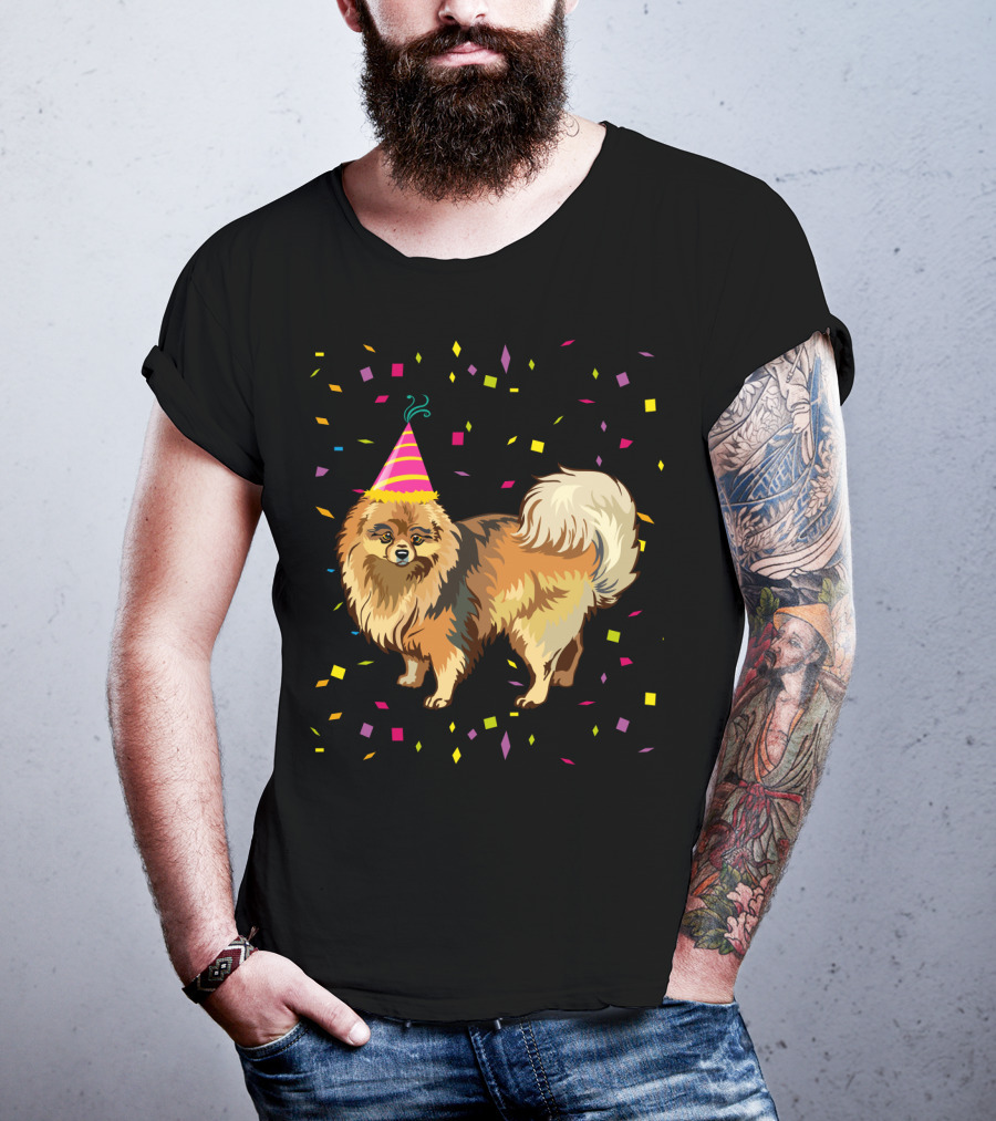 Pomeranian Birthday Party Funny Dog With Confetti And Party Hat T-Shirt