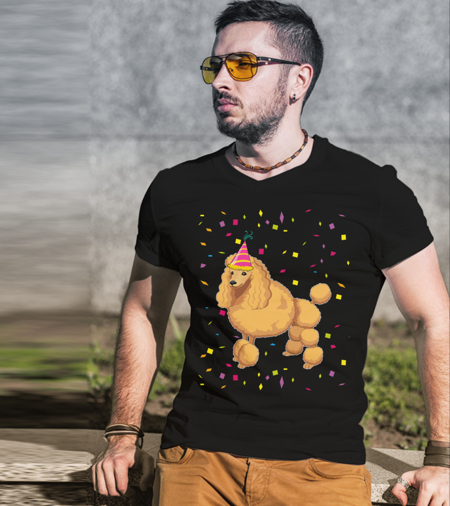 Funny Poodle Birthday Dog With Party Hat And Confetti T-Shirt