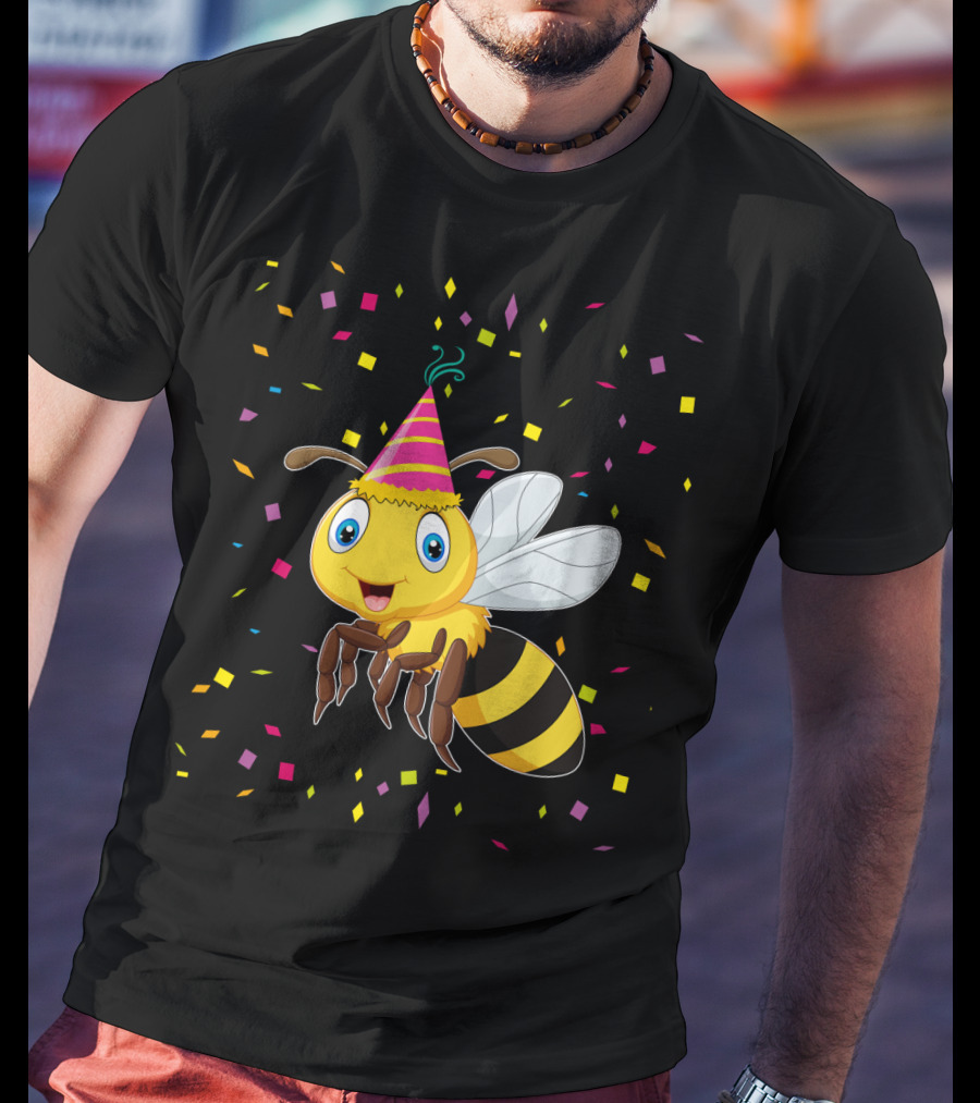 Funny Bee Birthday With Confetti And Party Hat T-Shirt