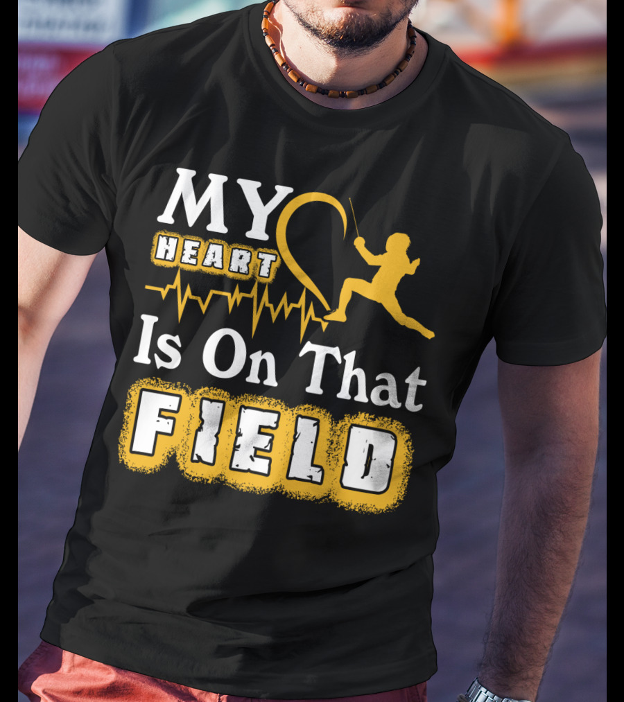 My Heart Is On That Field Fencing Silhouette With Heartbeat Line T-Shirt