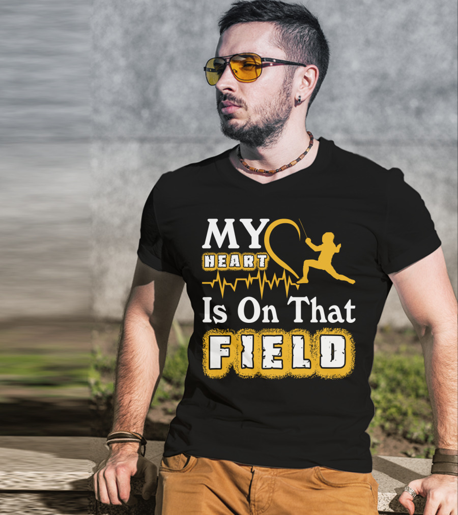 My Heart Is On That Field Fencing Silhouette With Heartbeat Line T-Shirt