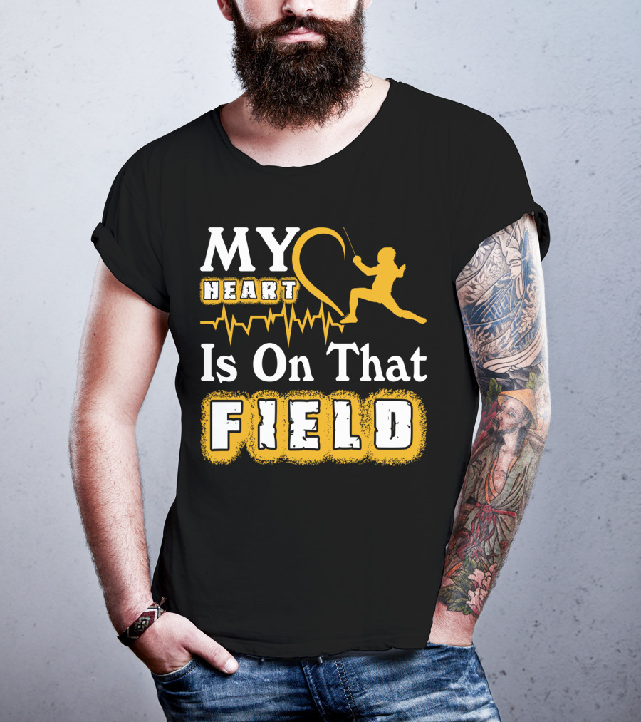 My Heart Is On That Field Fencing Silhouette With Heartbeat Line T-Shirt