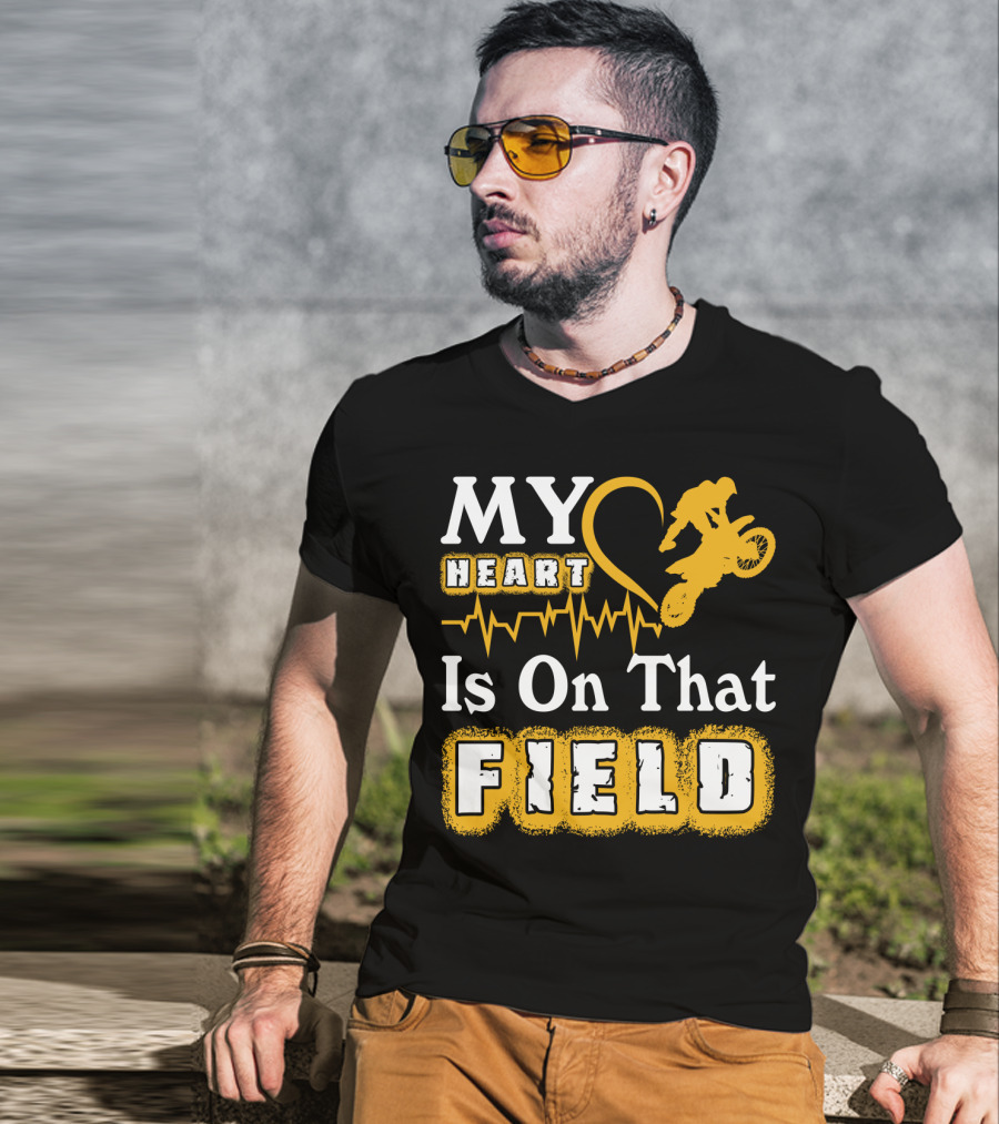 My Heart Is On That Field Dirt Bike Racing Motocross Rider Heartbeat T-Shirt