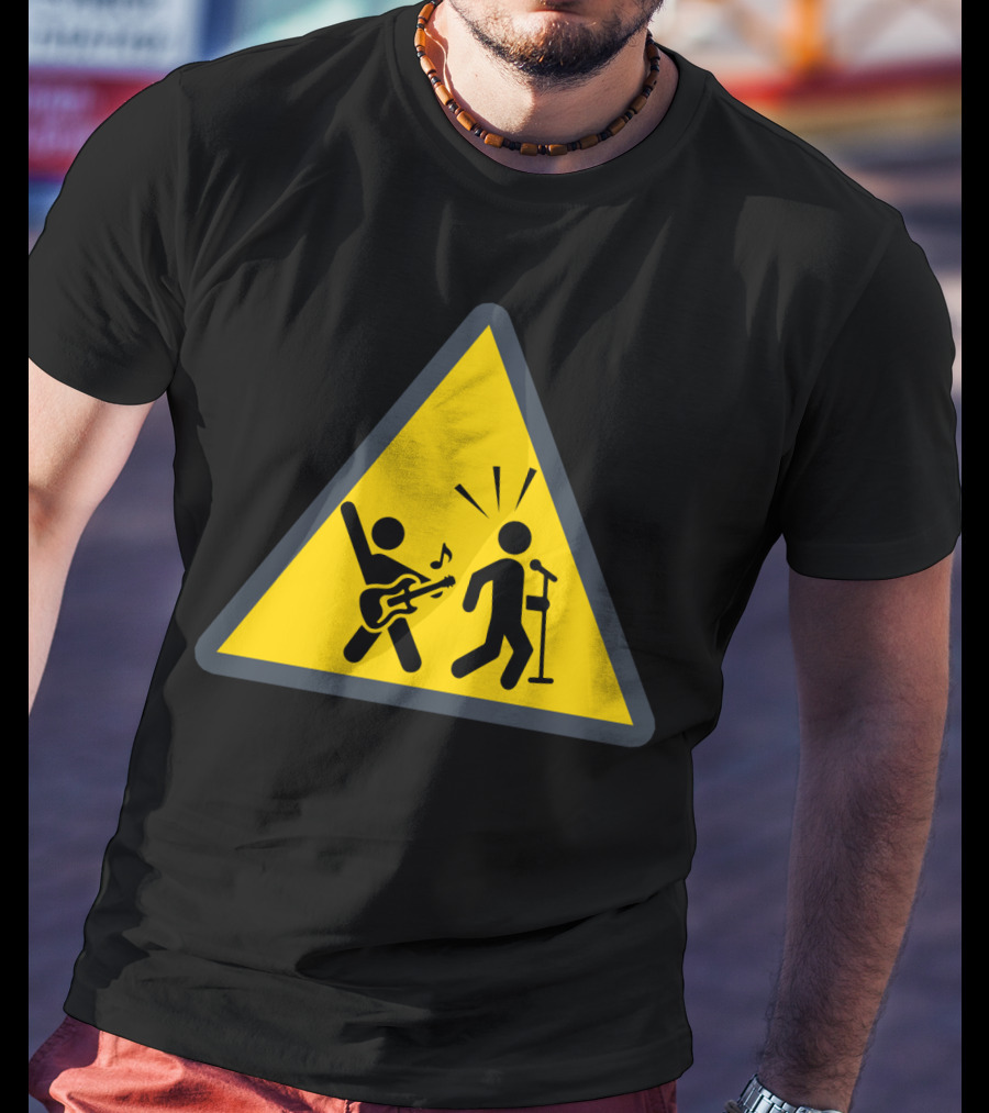 Rock Music Warning Sign Stick Figures Guitar And Microphone T-Shirt