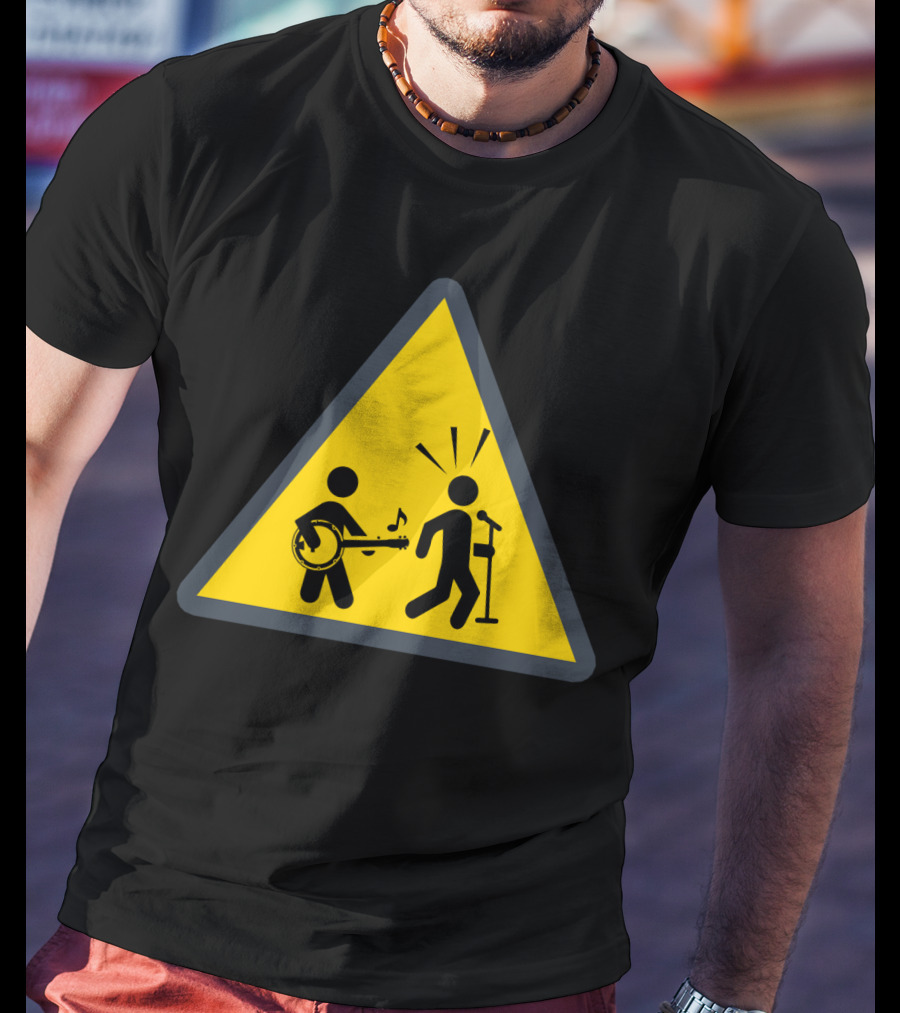 Funny Banjo Warning Sign Icon With Music And Microphone T-Shirt